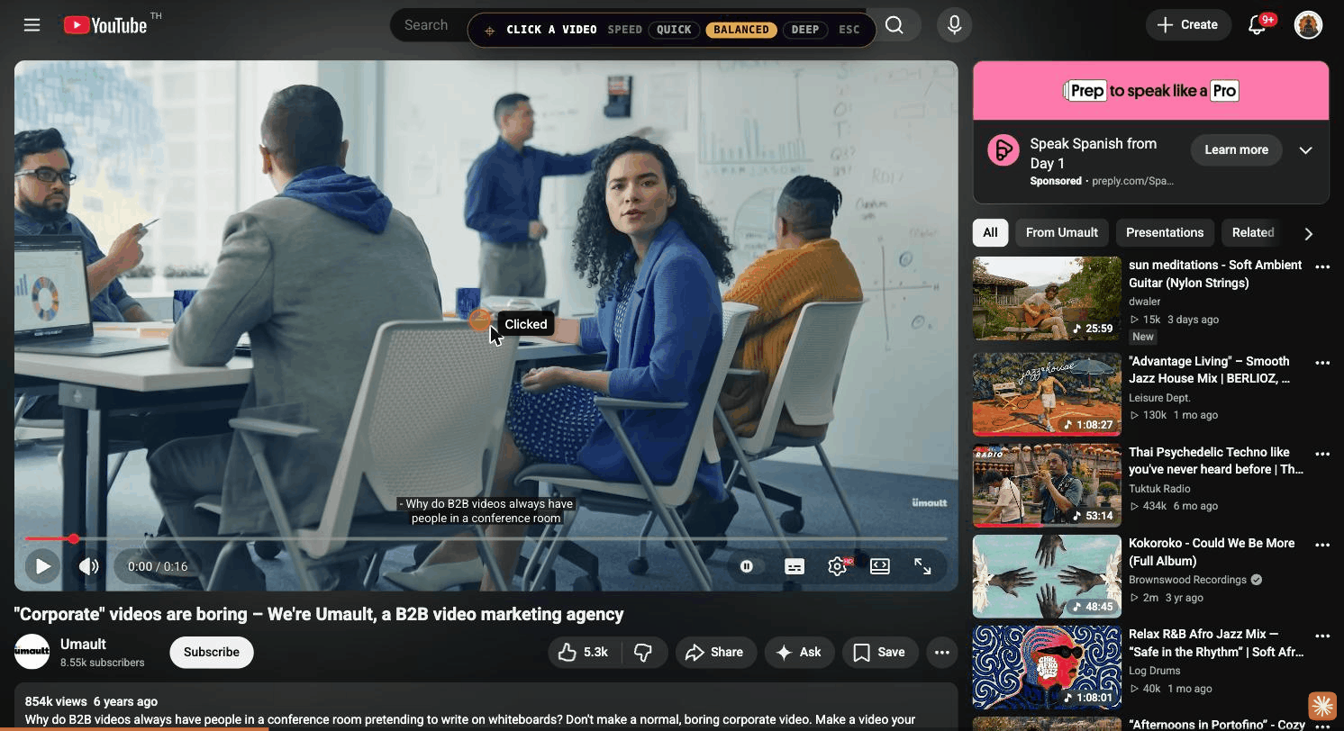 The videngineer extension on YouTube: clicking a video, the scan overlay reading frames, then the teardown opening